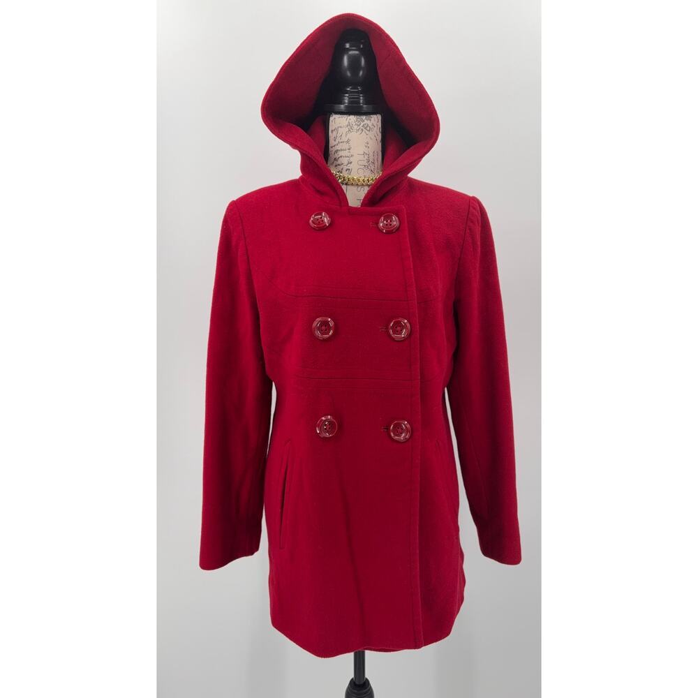 B1 Anne Klein Wool Blend Peacoat Red Hooded Womens Medium Double Breasted‎ - Picture 2 of 6